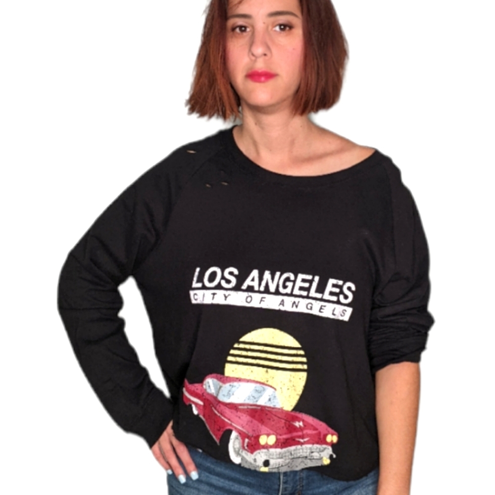 DEREK HEART Los Angeles Graphic Slashed/Ripped Sweatshirt ~ NWOT
